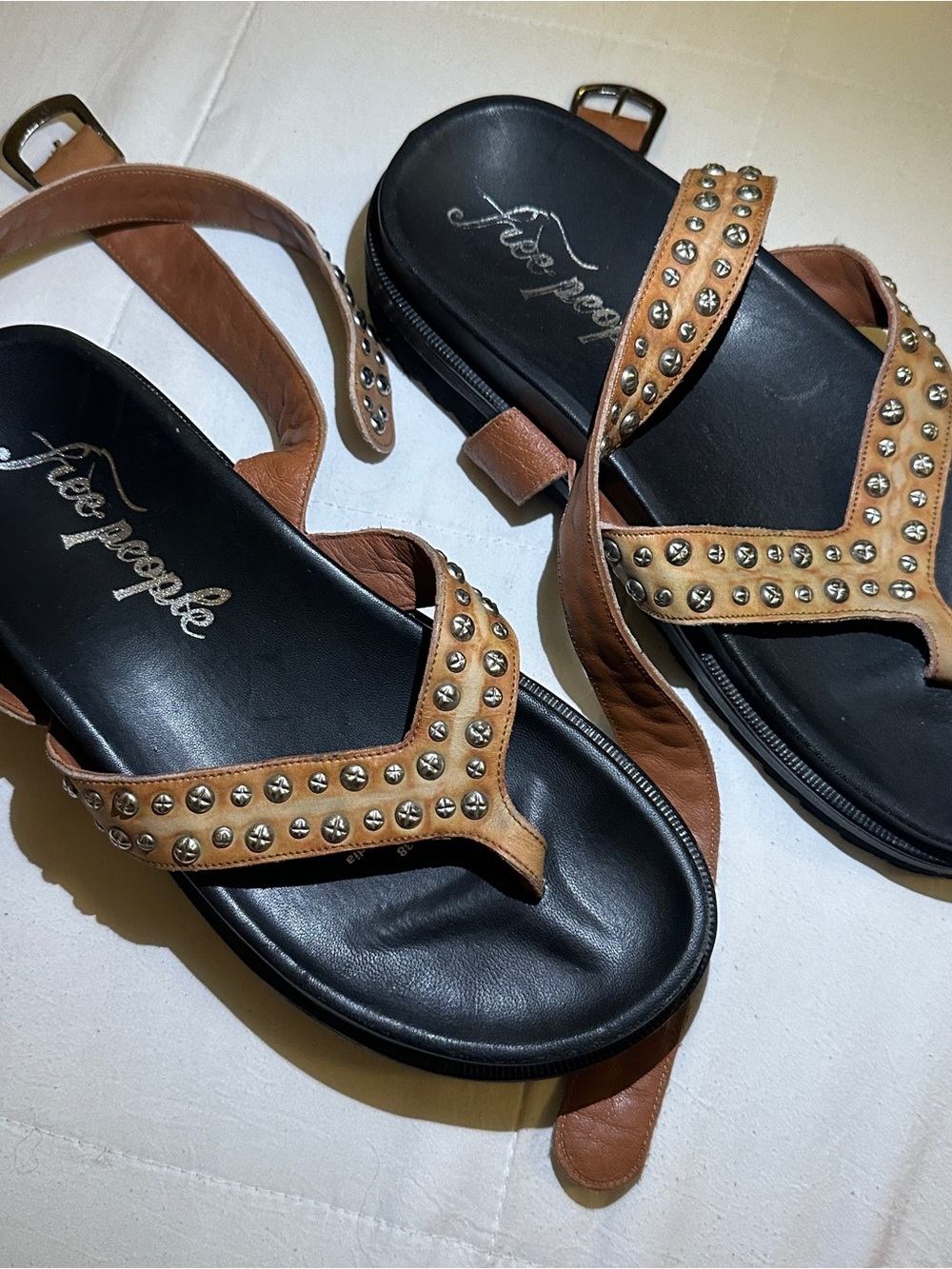 Free People Tan Studded Leather Ankle-Strap Sandals size 38 - Picture 2 of 9